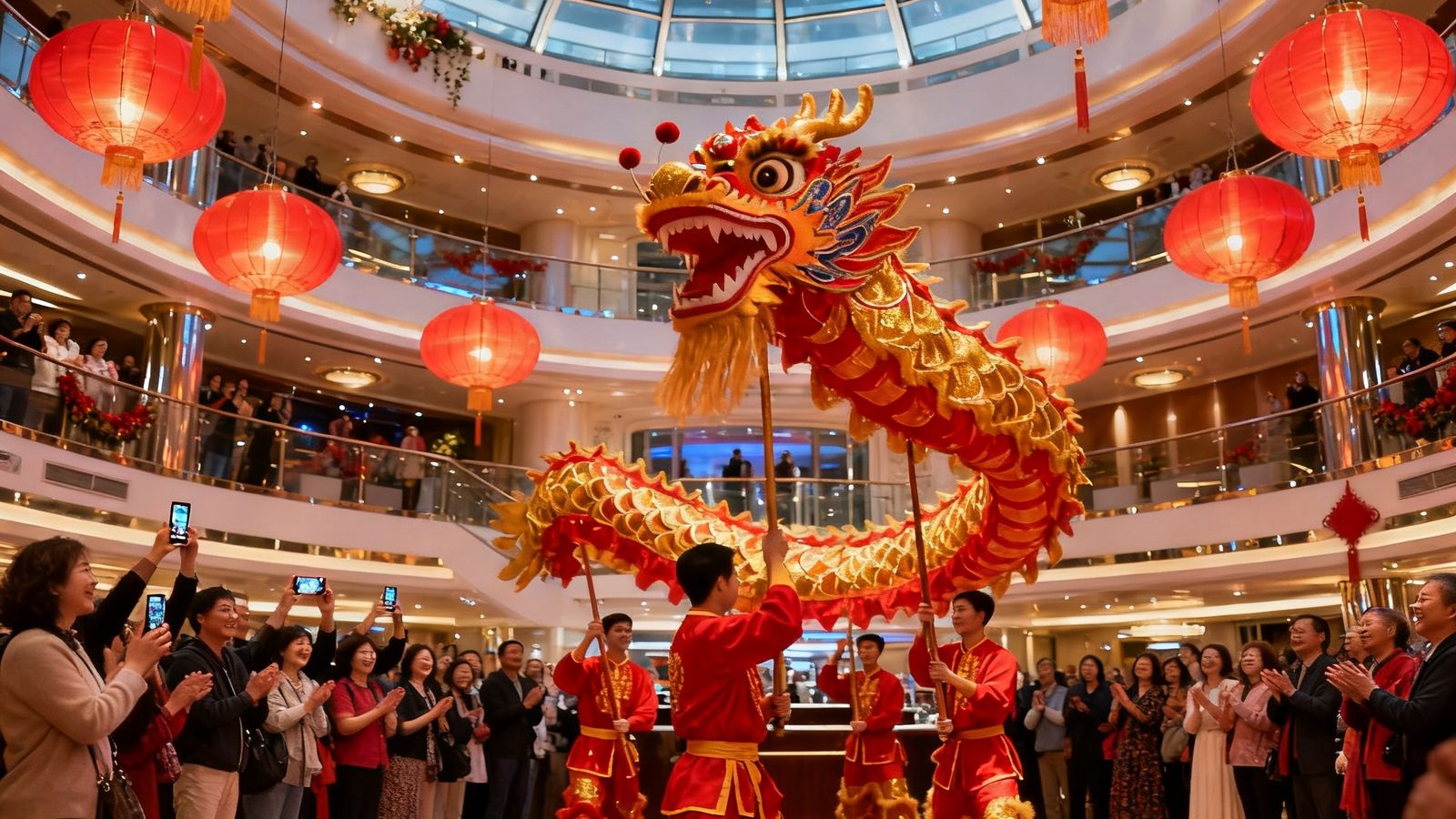 邮轮中庭举办中国春节庆典，悬挂红灯笼，工作人员正在表演舞龙，众多旅客围观