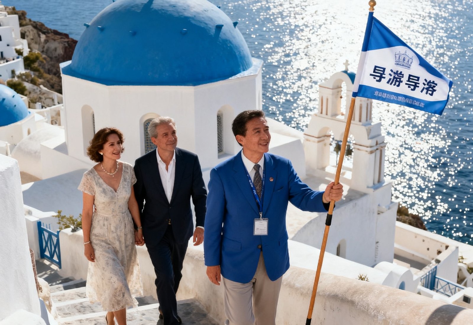 中文导游带领贵宾夫妇在希腊圣托里尼岛游览，背景是著名的蓝顶白墙建筑和爱琴海